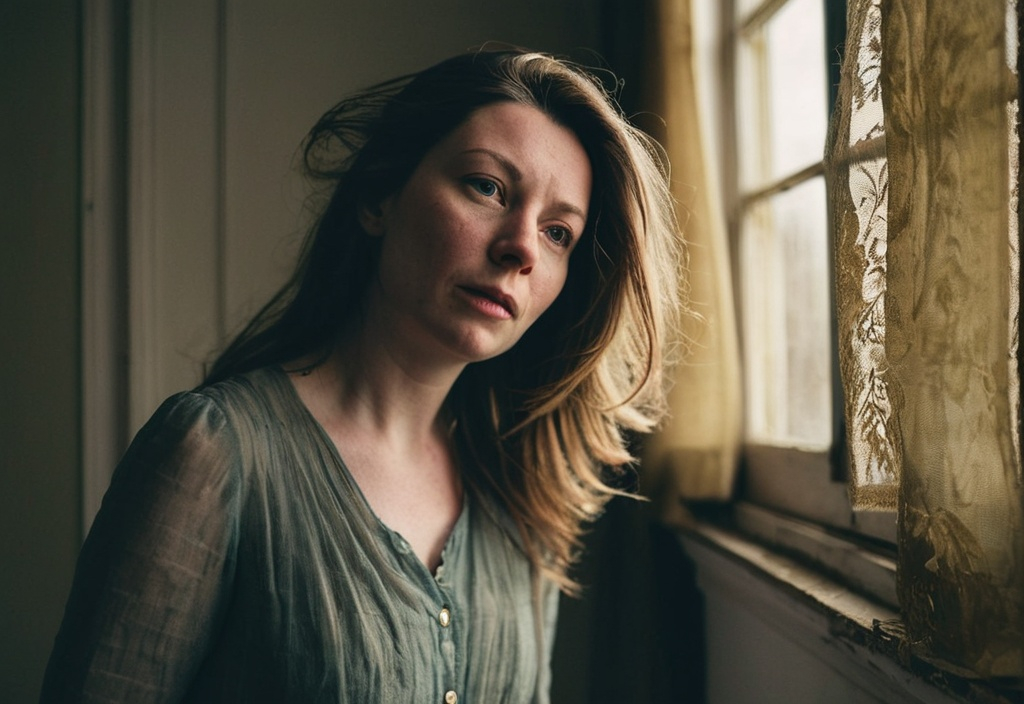 Prompt: a woman standing in front of a window with her hair blowing in the wind and looking off to the side, Claire Dalby, art photography, portrait photography, a character portrait