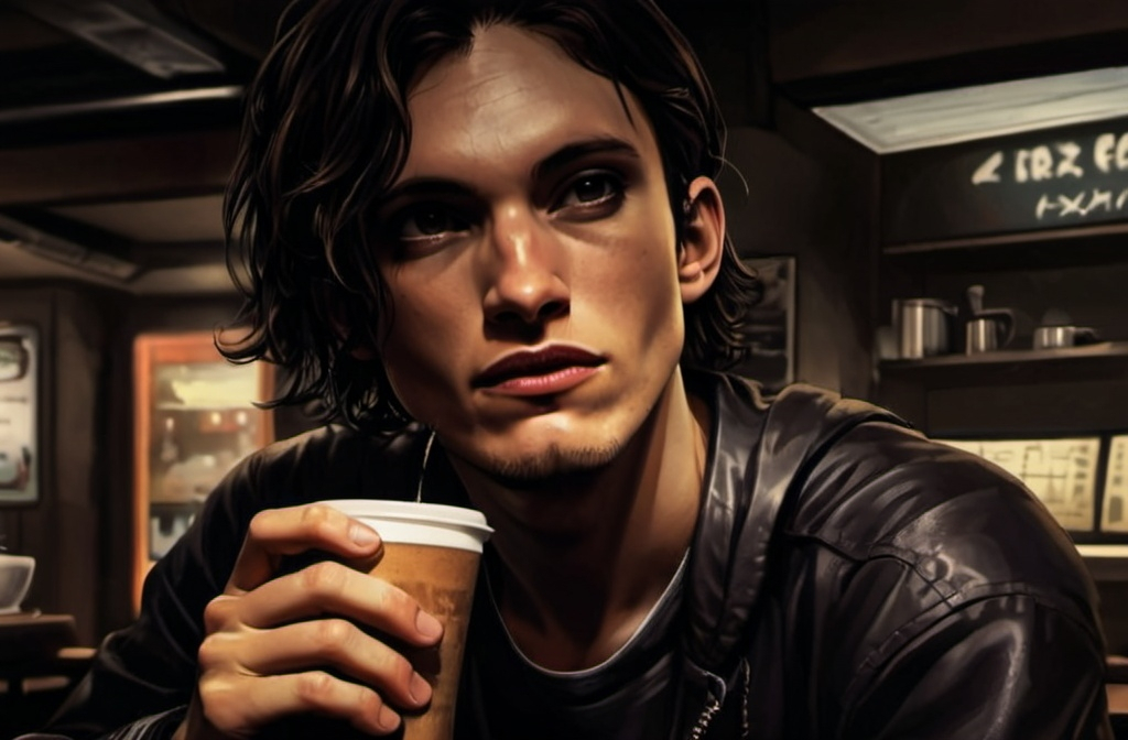 Prompt: Anime cyberpunk style, man in coffee shop, highly detailed, HD, dark background