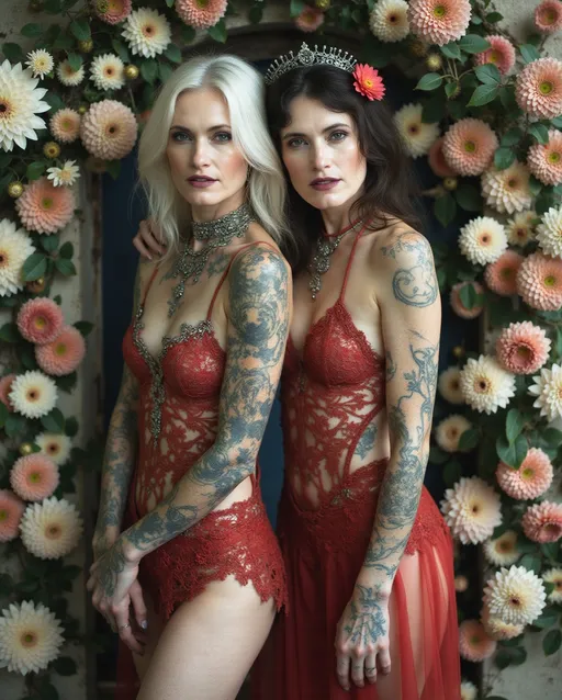 Prompt: full length picture of two woman standing surrounded by art nouveau, their hair is platinum ice and waist length, their eyes are sharp and piercing, she is surrounded by pastel flowers, models wearing crimson ballet outfits, heavily tattooed and intricate silver body jewelry