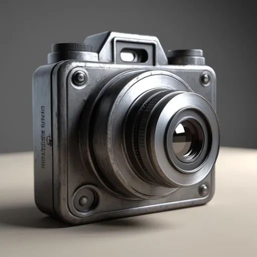 Prompt: Help me generate a single-lens camera. The material is iron or steel and the background is plain.