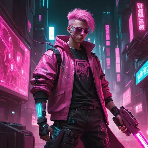 Prompt: cyberpunk pikture with a pink boy with a lot of rouses and lite blade with a big power