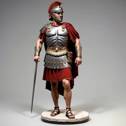 Prompt: Physical Description of a Roman General
A Roman general is a tall, commanding figure with a strong, muscular build reflecting years of combat and discipline. Standing about 6 feet tall, he has broad shoulders, a deep chest, and a powerful presence. His face is chiseled with a strong jawline, piercing brown or hazel eyes, and a furrowed brow, conveying wisdom and authority. His hair is short, thick, and dark brown or black with streaks of grey, neatly groomed to signify practicality and discipline.

He wears a polished bronze or iron helmet with a red or black crest, a decorated breastplate (cuirass), and a crimson or purple cloak symbolizing his rank and victories. His expression is stoic, confident, and commanding, with every movement reflecting strategy and authority. His skin is tanned and weathered from years of campaigns, showing scars and experience. His posture is upright, his gait purposeful, exuding strength, leadership, and unwavering resolve.