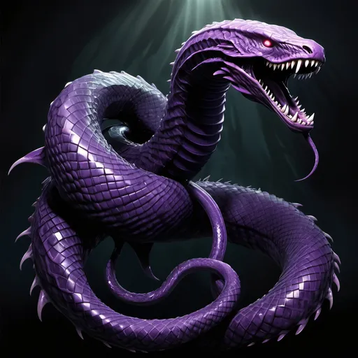 Prompt: Creature Name: Voidclaw Leviathan

Physical Description:
The Voidclaw Leviathan is a massive, serpent-like predator that rivals the titanoboa in size and ferocity. Its elongated, coiled body is covered in scales that seem to absorb light, giving it a shadowy, almost ethereal appearance. Faintly glowing violet patterns crisscross its dark black hide, pulsing rhythmically like veins carrying energy through its body.

Its head is dragon-like, with elongated jaws lined with serrated teeth. Six glowing, violet eyes run along each side of its skull, granting it unparalleled vision in the abyss. Its limbs are short but muscular, ending in webbed claws tipped with hooked talons. Along its back runs a series of glowing, jagged spines that emit a faint hum, creating an unsettling presence in the silent darkness. Its tail ends in a split fin resembling jagged blades, used for propelling through water or slashing at foes.

