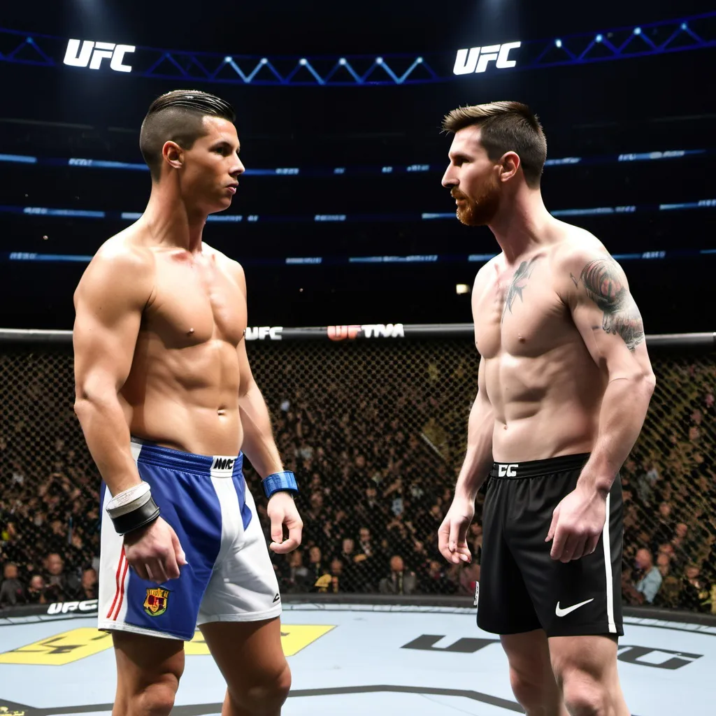 Prompt: christiano ronaldo and messi facing off in ufc ring 