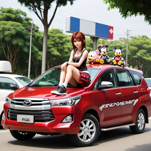 Prompt: Kingdom hearts kairi sitting on bonnet of Toyota Innova 
Number plate: TN 49 CY 8006