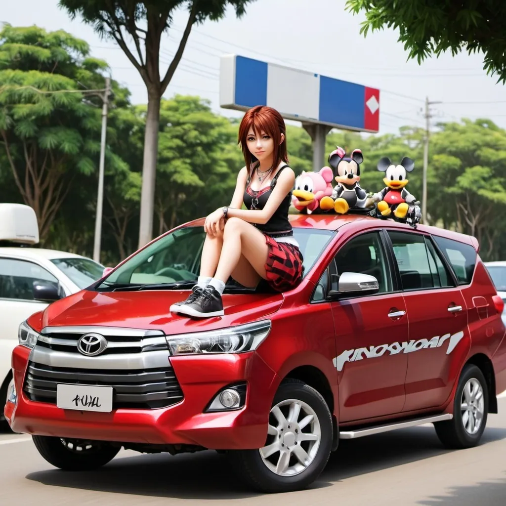 Prompt: Kingdom hearts kairi sitting on bonnet of Toyota Innova 
Number plate: TN 49 CY 8006