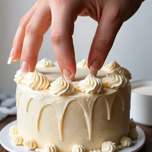 Prompt:  one hand  and two fingers in the creamy cake