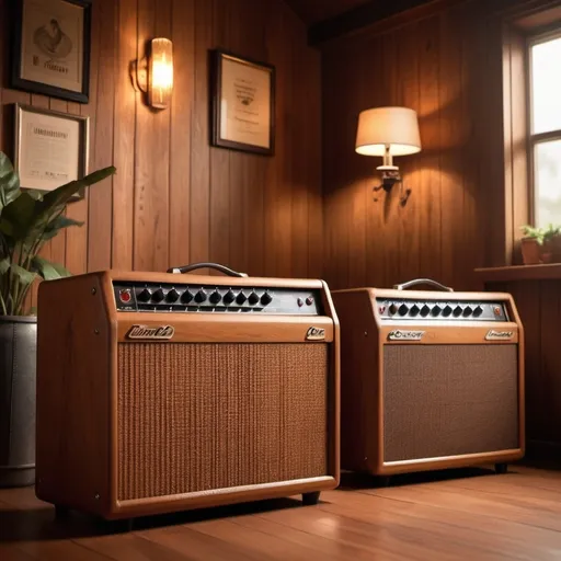 Prompt: 60's guitar and bass amplifiers (no branded), full wooden room