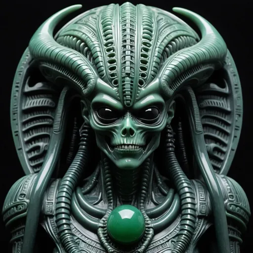 Prompt: Aztec H.R. Giger  jade jet dark  alien xenomorph