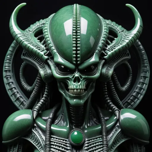 Prompt: Aztec H.R. Giger  jade jet dark  alien xenomorph