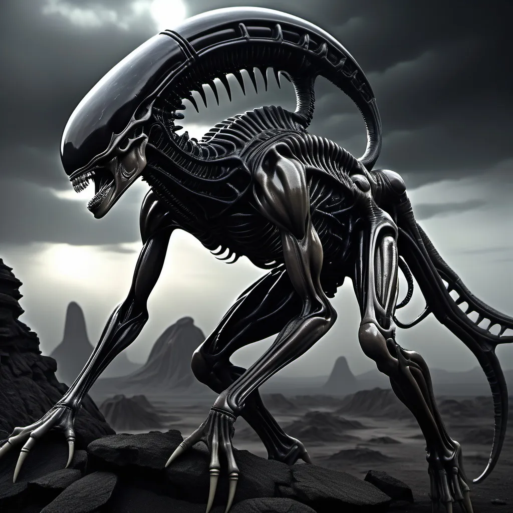 Prompt: (Alien xenomorph), fully detailed body, (Aztec H.R. Giger style), intricate obsidian textures, dark and glossy surface, desolated landscape, eerie atmosphere, (realistic), shadowy tones, haunting ambiance, stark contrast, (HD), under a grim sky, barren terrain, sci-fi elements, mysterious flora, atmospheric lighting capturing the essence of despair and solitude.