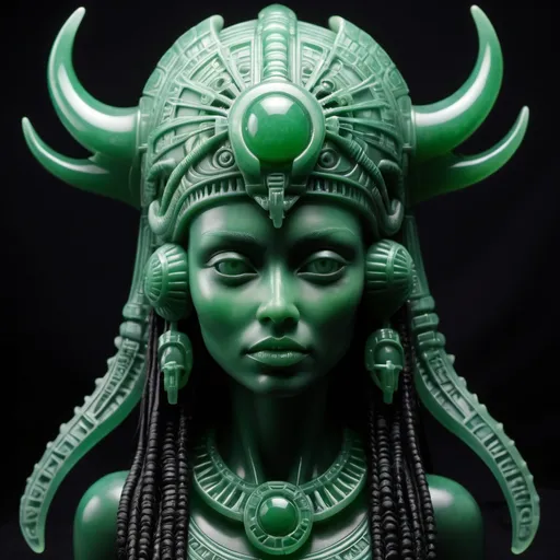 Prompt: Aztec H.R. Giger character jade jet