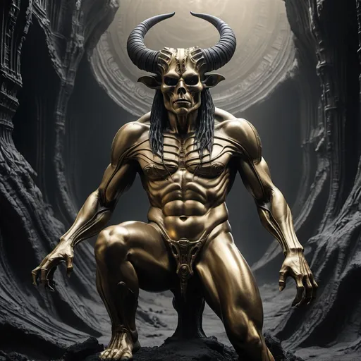 Prompt: Minotaur H.R. Giger gold obsidian frightening full size body dark desolated landscape realistic 4k high résolution intricate patterns