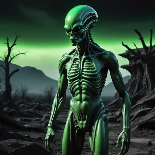 Prompt: Alien H.R. Giger glowing green ouraline radioactive frightening full size body dark desolated landscape realistic 4k high résolution predator posture