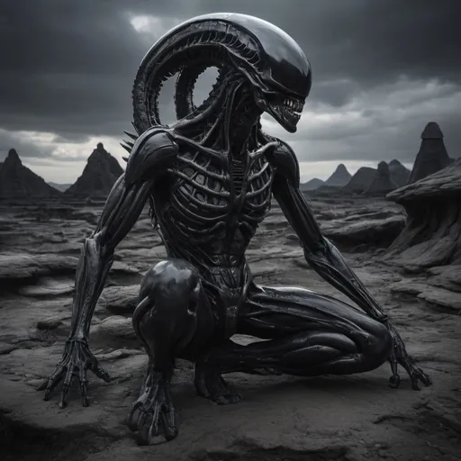 Prompt: Mayan H.R. Giger   obsidian jet dark  alien xenomorph entire body in a dark desolated landscape
