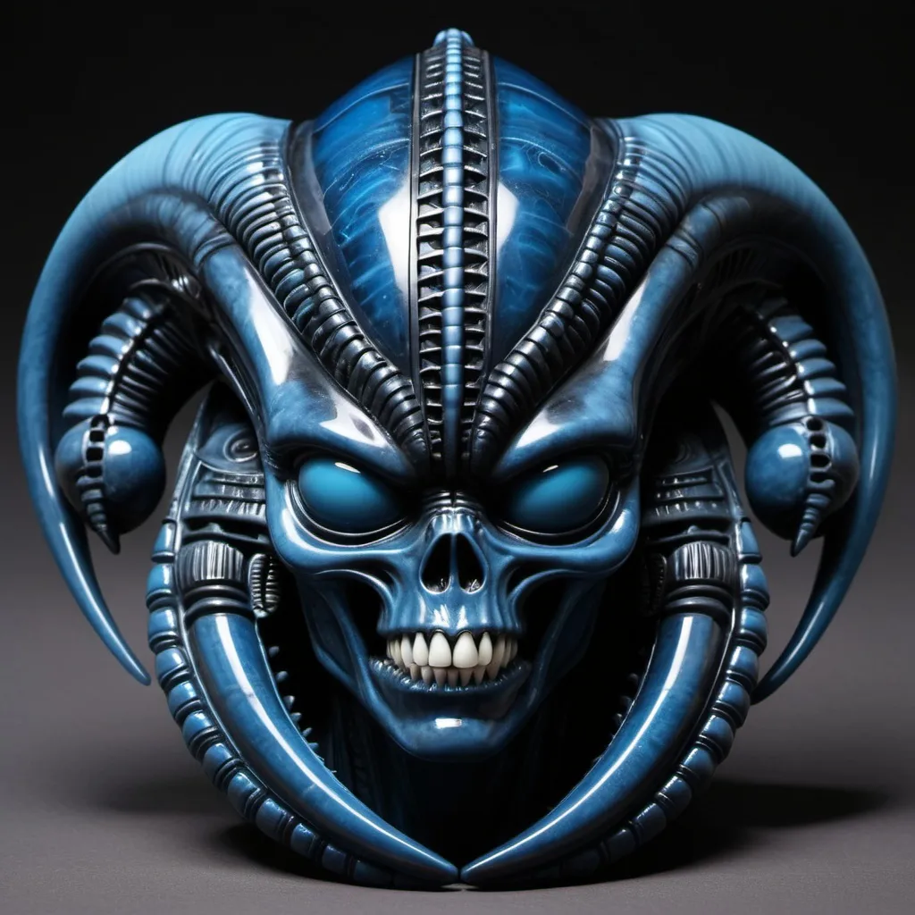 Prompt: Aztec H.R. Giger  blue obsidian jet dark  alien xenomorph