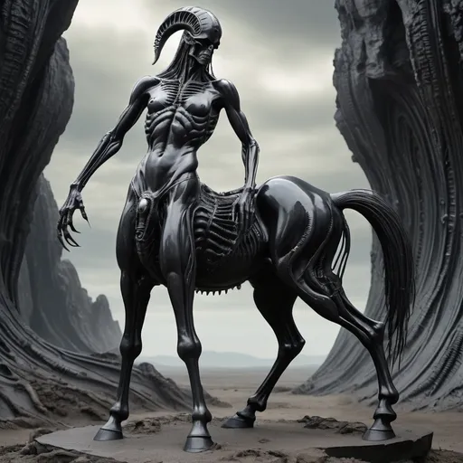 Prompt: Centaur H.R. Giger obsidian frightening full size body desolated landscape realistic 