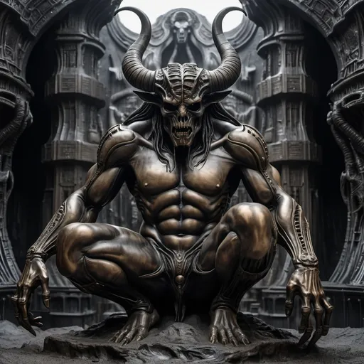 Prompt: Minotaur H.R. Giger bronze obsidian frightening full size body dark desolated landscape realistic 4k high résolution intricate patterns