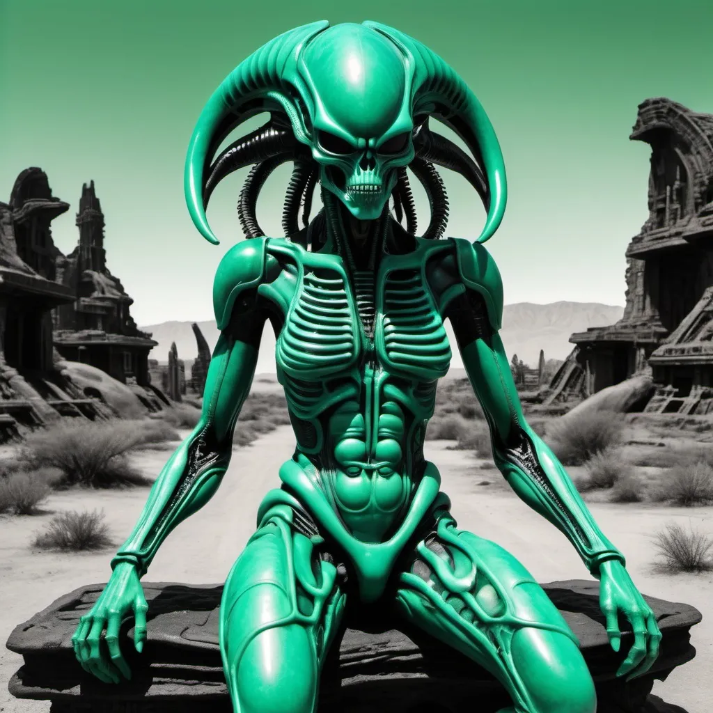 Prompt: Aztec H.R. Giger  bright jade jet dark  alien xenomorph ouraline radioactive full size body in desolated landscape 