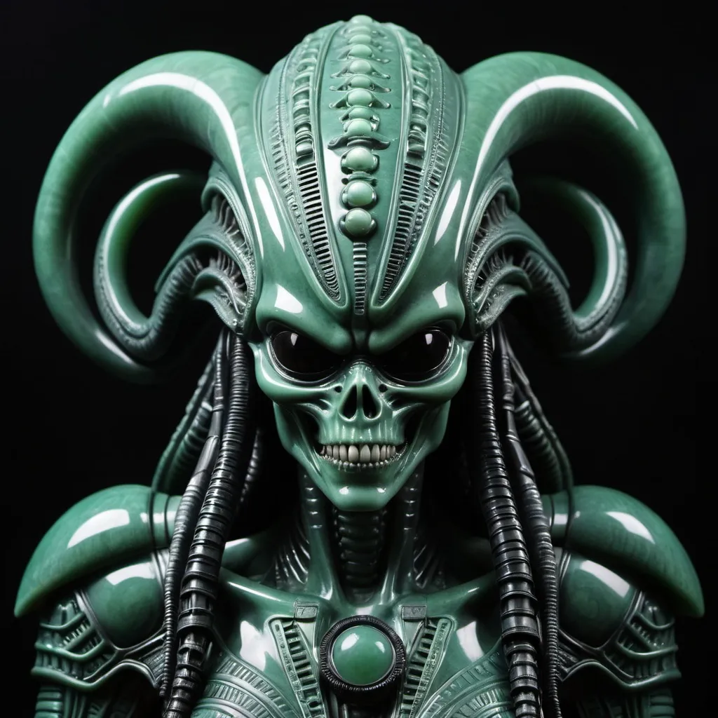 Prompt: Aztec H.R. Giger  jade jet dark  alien xenomorph