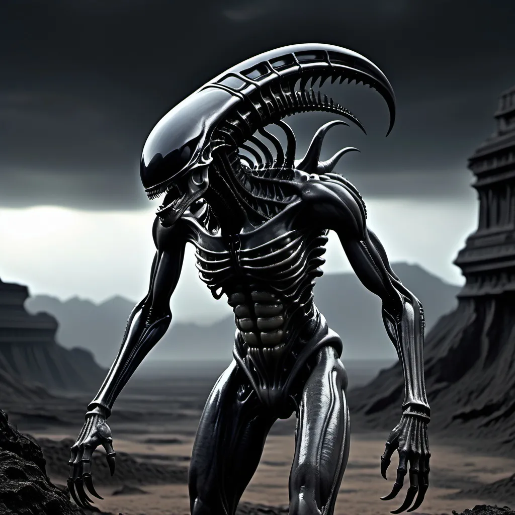 Prompt: (Alien xenomorph), fully detailed body, (Aztec H.R. Giger style), intricate obsidian textures, dark and glossy surface, desolated landscape, eerie atmosphere, (realistic), shadowy tones, haunting ambiance, stark contrast, (HD), under a grim sky, barren terrain, sci-fi elements, mysterious flora, atmospheric lighting capturing the essence of despair and solitude.