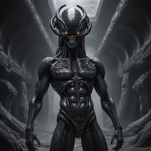 Prompt: Mayan H.R. Giger   obsidian jet dark  alien xenomorph entire body in a dark desolated landscape open mouth 