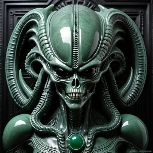 Prompt: Aztec H.R. Giger  jade jet dark  alien xenomorph