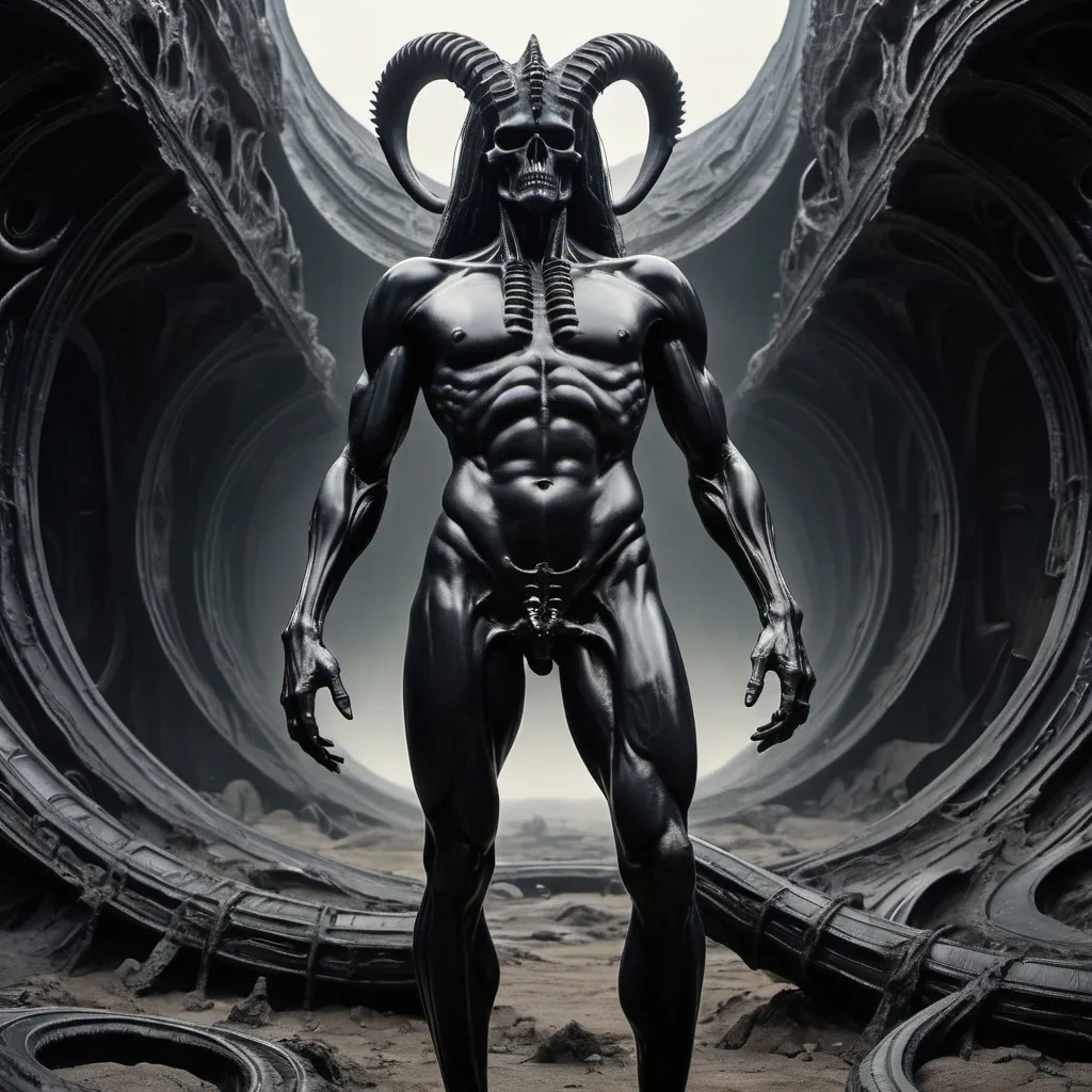 Prompt: Centaur H.R. Giger obsidian frightening full size body desolated landscape 