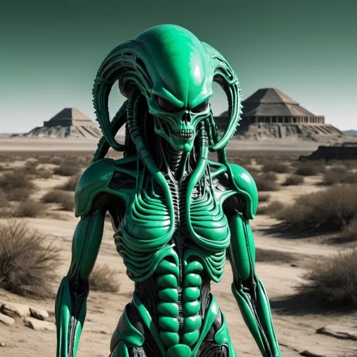 Prompt: Aztec H.R. Giger  bright jade jet dark  alien xenomorph ouraline radioactive full size body in desolated landscape 