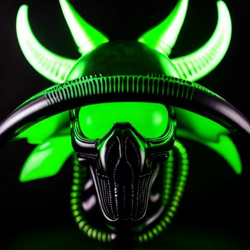 Prompt: Alien giger skull xenomorph made of green jade and ouraline bright radioactive horns jet