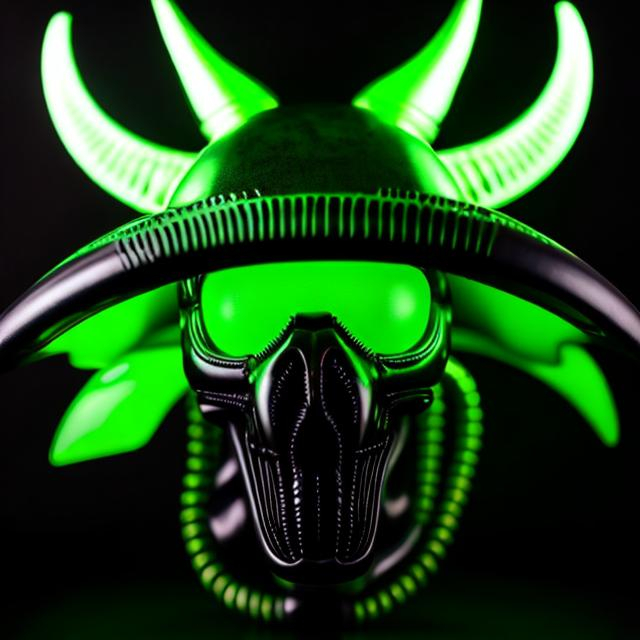 Prompt: Alien giger skull xenomorph made of green jade and ouraline bright radioactive horns jet