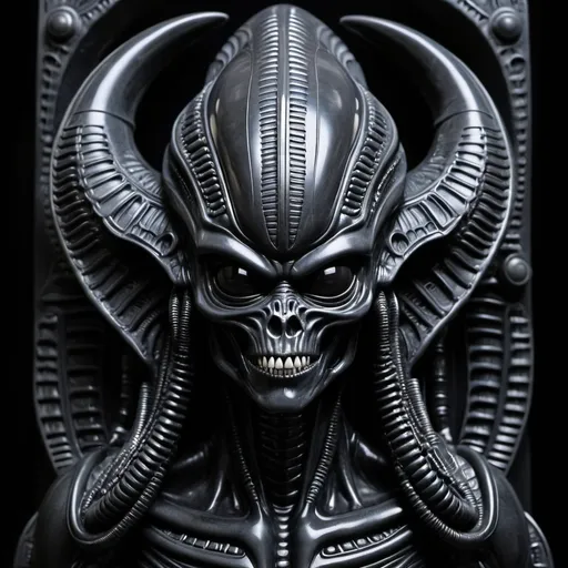 Prompt: Aztec H.R. Giger  obsidian jet dark  alien xenomorph