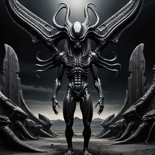Prompt: Aztec H.R. Giger   obsidian jet dark  alien xenomorph entire body in desolated landscape
