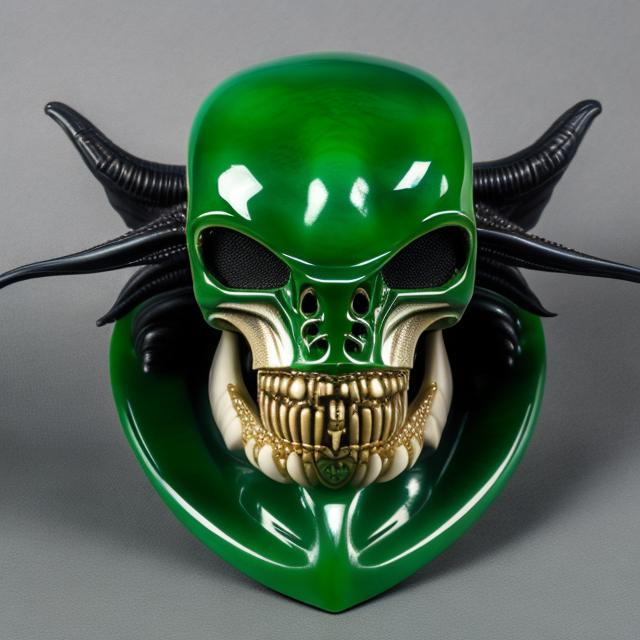 Prompt: Alien giger skull xenomorph made of green jade and ouraline