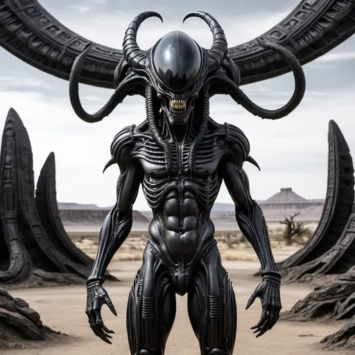 Prompt: Aztec H.R. Giger   obsidian jet dark  alien xenomorph entire body in desolated landscape realistic
