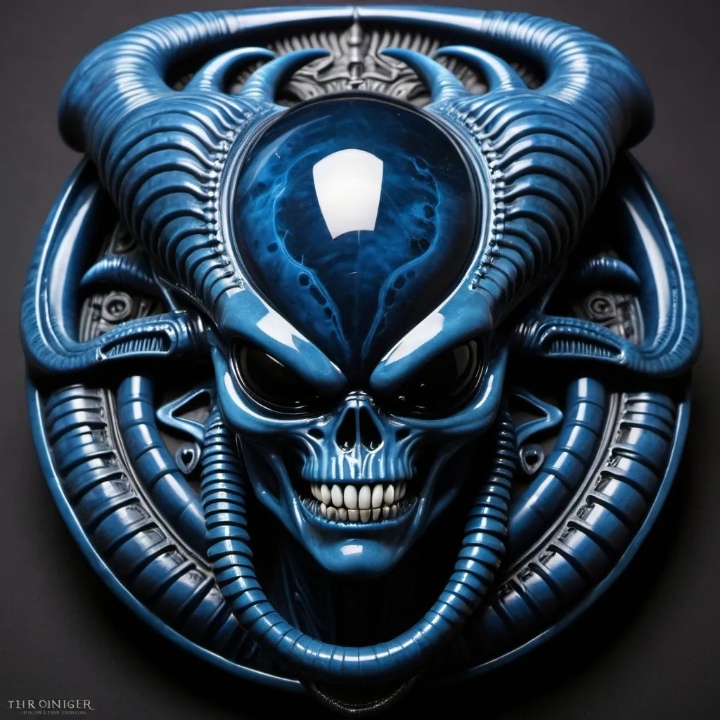 Prompt: Aztec H.R. Giger  blue obsidian jet dark  alien xenomorph