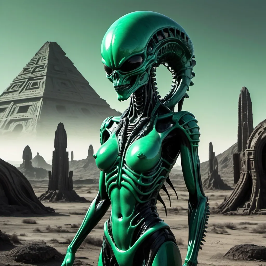 Prompt: Aztec H.R. Giger  bright jade jet dark  alien xenomorph ouraline radioactive full size body in desolated landscape 