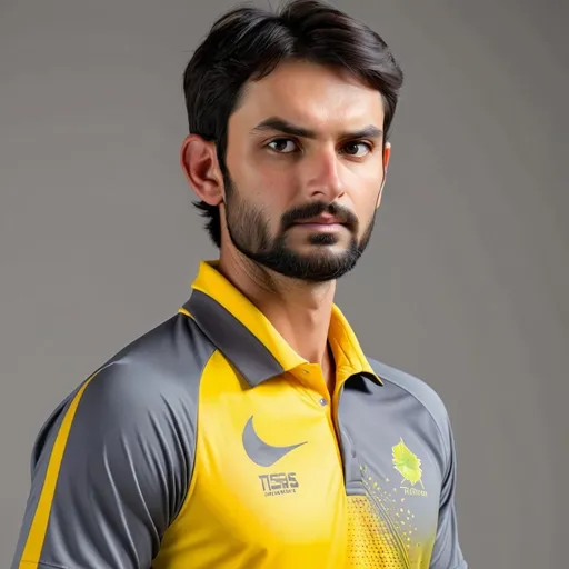 Prompt: Cricket dress for men using yellow grey and dark grey color 
