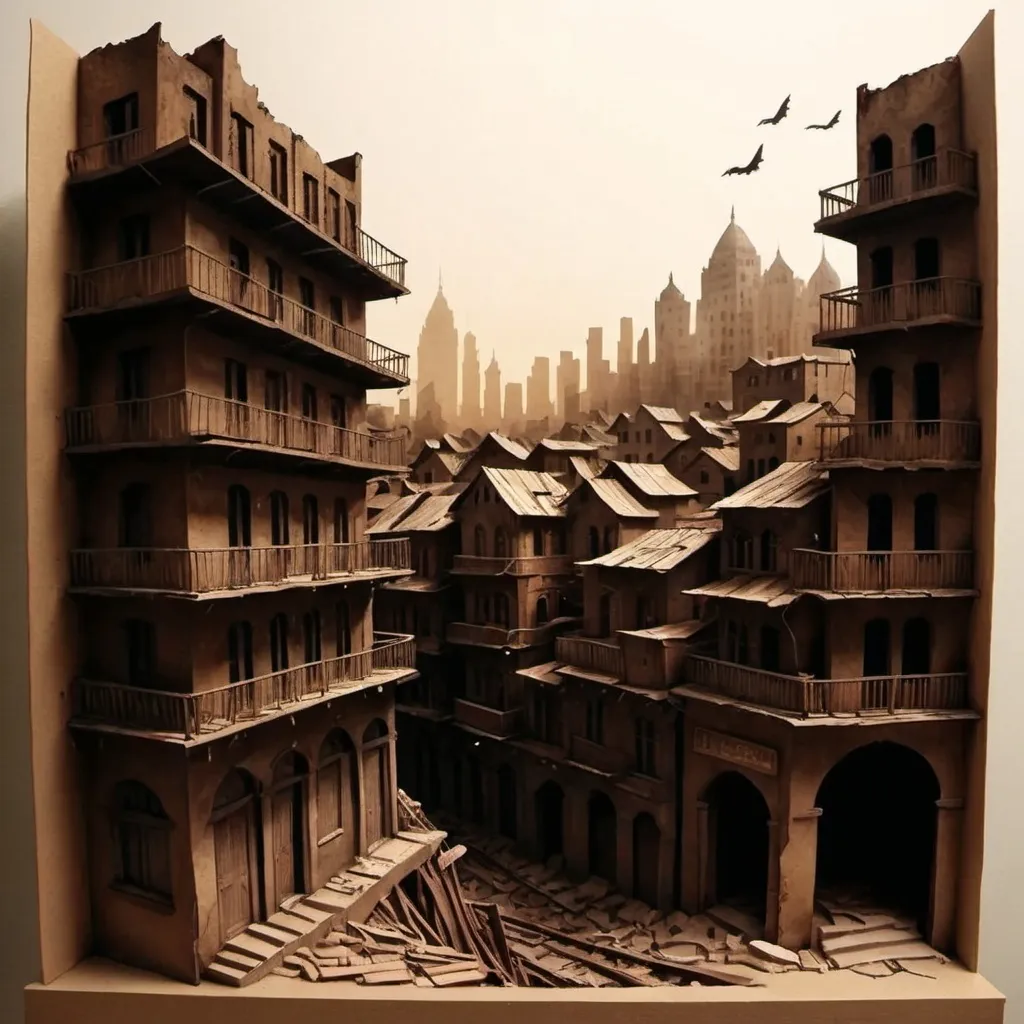 Prompt: (detailed depiction of a city skyline), (dilapidated structures), (run down buildings), (ghetto atmosphere), (dirty streets), (oppressive vibe), haunting depiction, layered textures, sepia tones, shadows casting harsh lines, underlying depth of despair, urban contrasts, hints of Hindu architectural elements, gritty, dramatic, atmospheric skyline illuminated by fading light, (highly detailed)