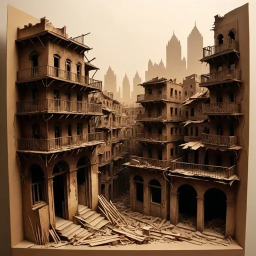 Prompt: (detailed depiction of a city skyline), (dilapidated structures), (run down buildings), (ghetto atmosphere), (dirty streets), (oppressive vibe), haunting depiction, layered textures, sepia tones, shadows casting harsh lines, underlying depth of despair, urban contrasts, hints of Hindu architectural elements, gritty, dramatic, atmospheric skyline illuminated by fading light, (highly detailed)