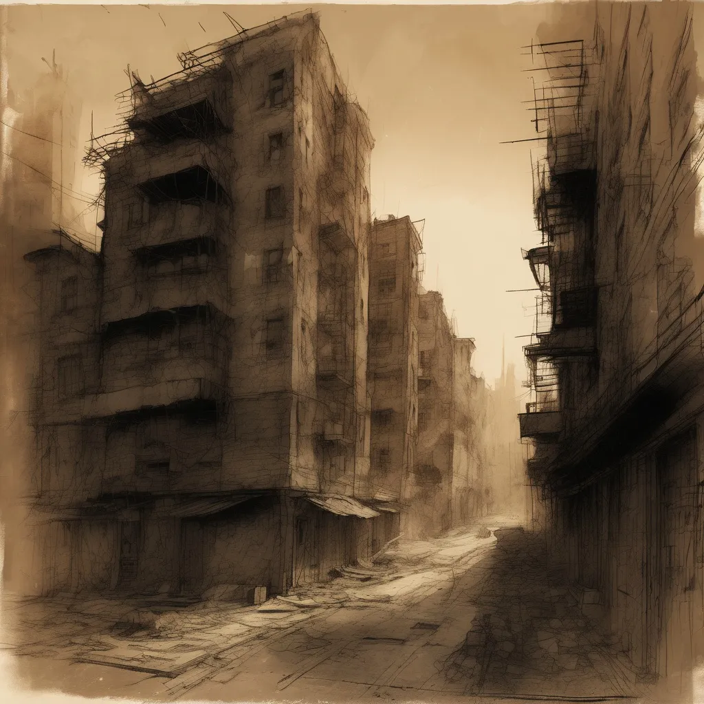 Prompt: (detailed sketch of a city skyline), (dilapidated structures), (run down buildings), (ghetto atmosphere), (dirty streets), (oppressive vibe), haunting depiction, layered textures, sepia tones, shadows casting harsh lines, underlying depth of despair, urban contrasts, hints of Hindu architectural elements, gritty, dramatic, atmospheric skyline illuminated by fading light, (highly detailed)