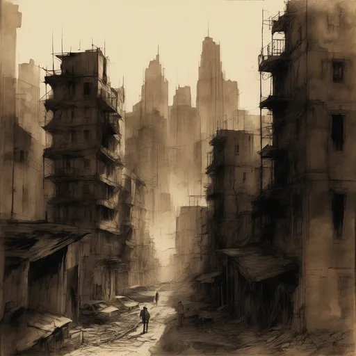 Prompt: (detailed sketch of a city skyline), (dilapidated structures), (run down buildings), (ghetto atmosphere), (dirty streets), (oppressive vibe), haunting depiction, layered textures, sepia tones, shadows casting harsh lines, underlying depth of despair, urban contrasts, hints of Hindu architectural elements, gritty, dramatic, atmospheric skyline illuminated by fading light, (highly detailed)