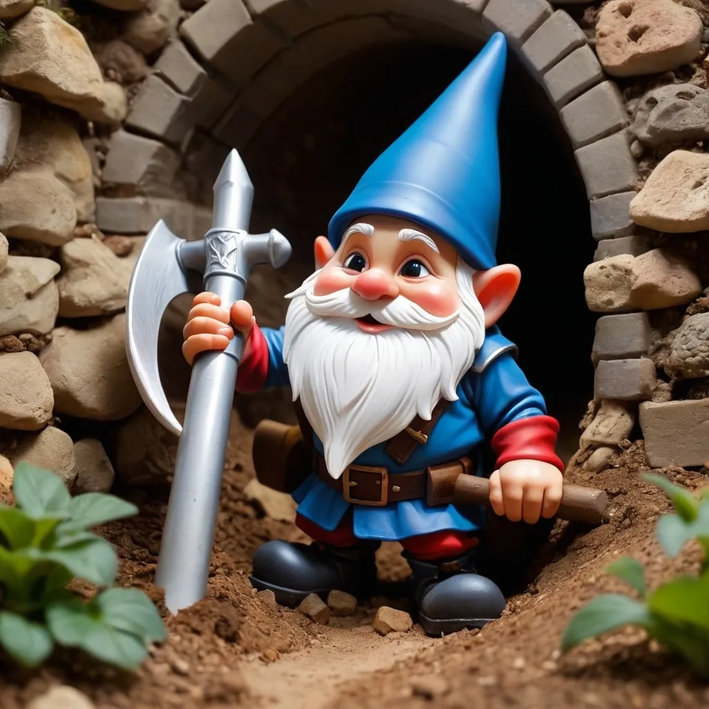 Prompt: A gnome is digging a tunnel to a knights castle