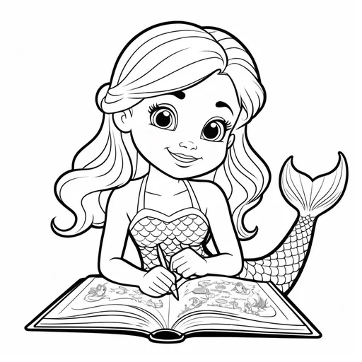 Prompt: B&W coloring book page, animated little girl mermaid writing in a book. Only one tail, no grey background only black and white coloring.