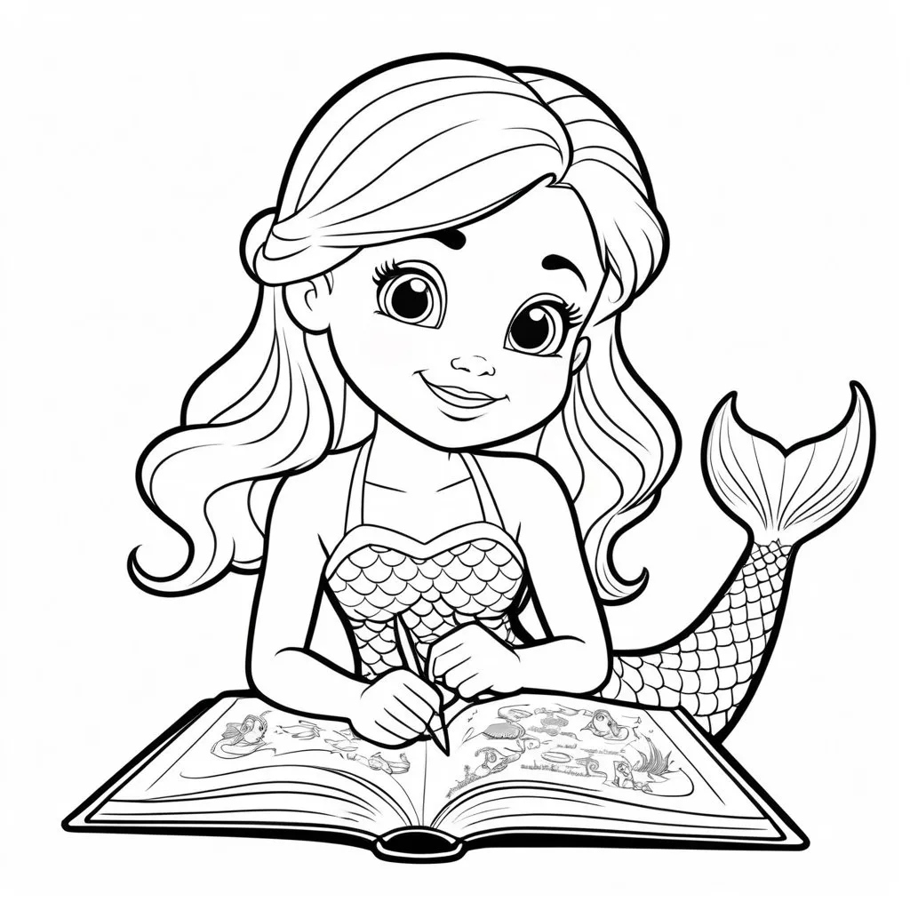 Prompt: B&W coloring book page, animated little girl mermaid writing in a book. Only one tail, no grey background only black and white coloring.