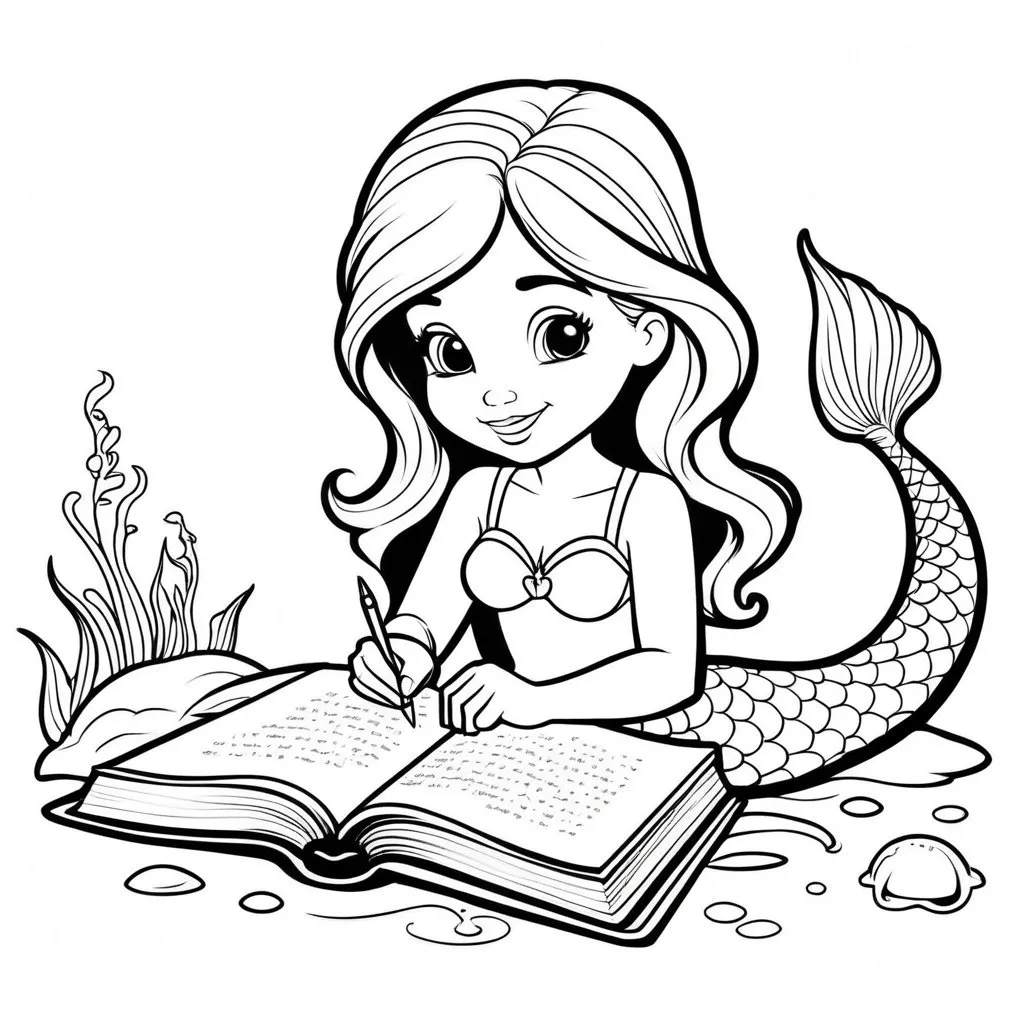 Prompt: B&W coloring book page, animated little girl mermaid writing in a book. no grey background .only black and white coloring.