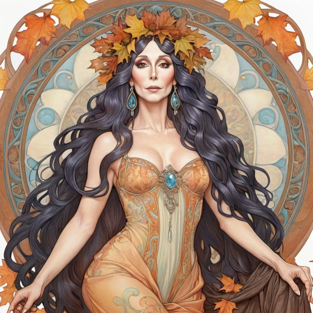 Prompt: Cher in the style of an Alphonse Mucha colored pencil drawing, full body, as a fall muse