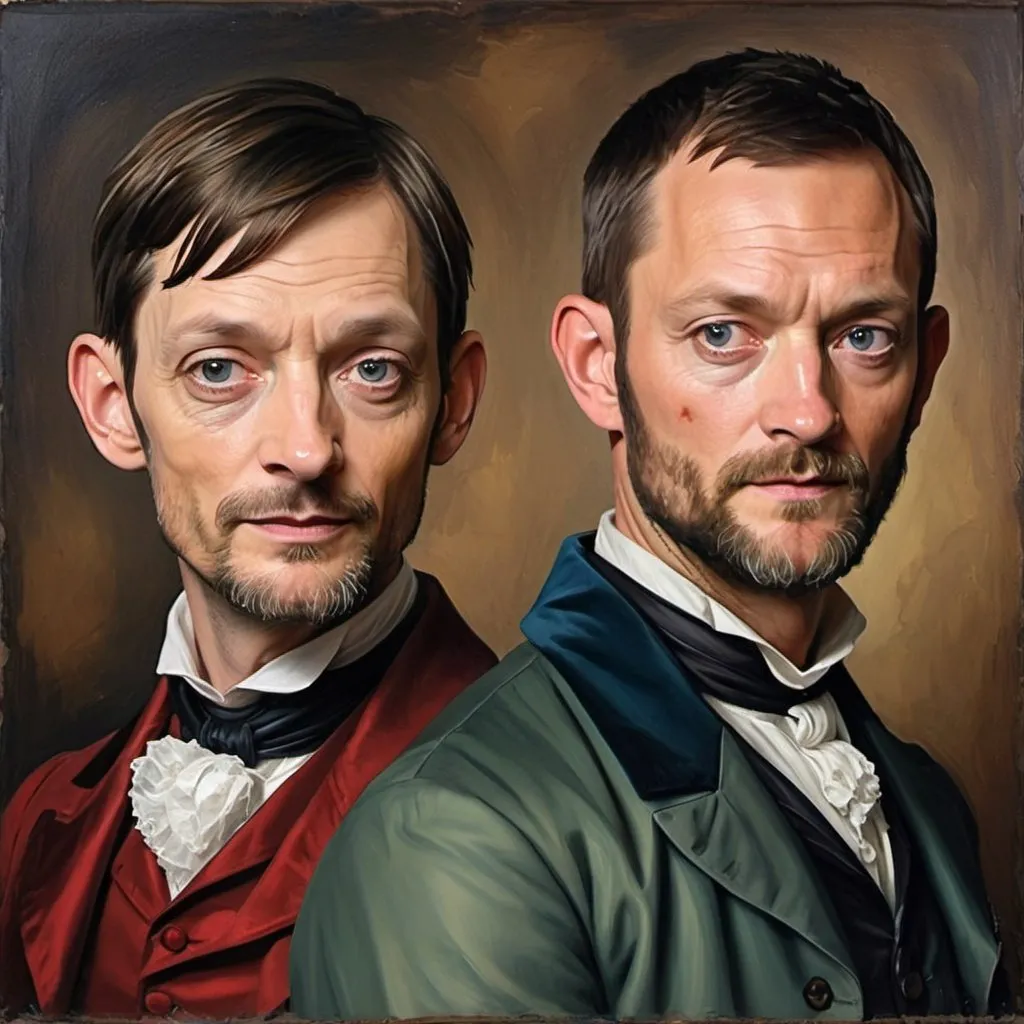 Prompt: DJ Qualls and Ty Olsson in the style of a 19th century French Cavalier oil painting, textured strokes.