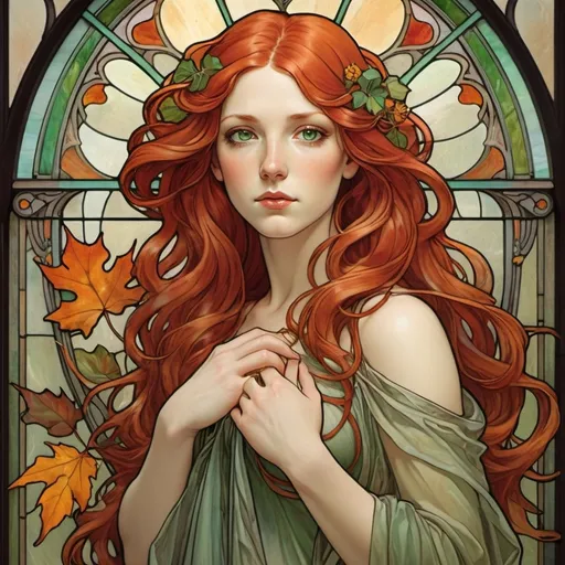 Prompt: Full figure woman with long red hair, green eyes and drapery in front a stained glass window with autumn leaf and flower in Art Nouveau syle like Alphonse Mucha