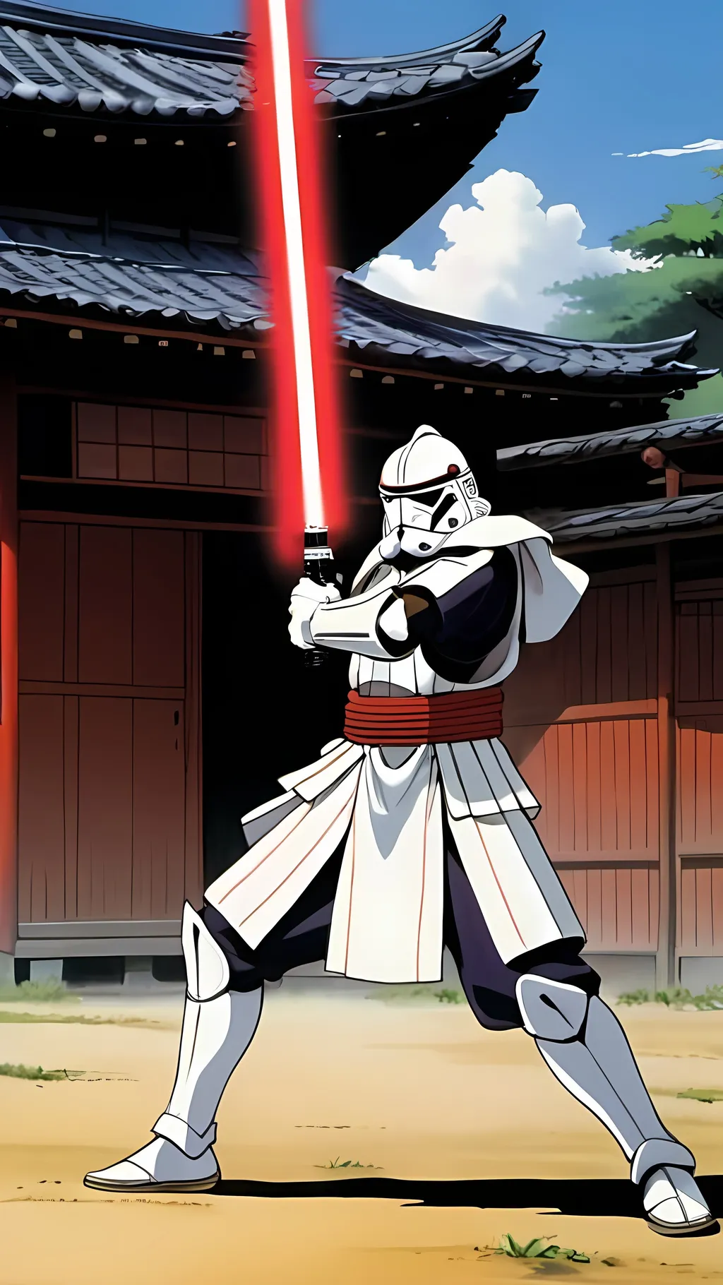 Prompt: 1990s anime screencap, anime scene, samurai in traditional clothing wielding a red lightsaber fighting one clone trooper in a village